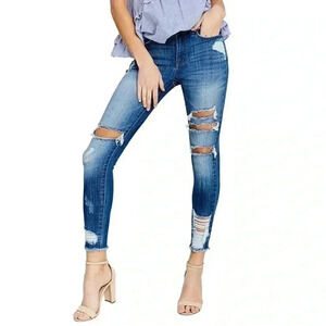[W27]  KanCan Jeans Sharon-Becky Mid-Rise Distressed Ripped Skinny Jeans